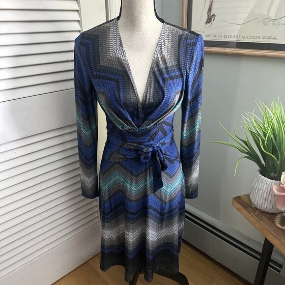 Vintage CACHE Dress Womens Small Blue Wrap Jersey Stretch Retro Y2K Cocktail - Picture 1 of 9